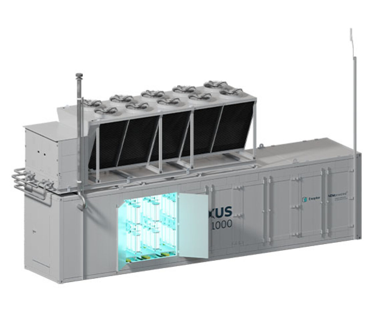 Enapter AEM Nexus 1000 electrolyzer with open container doors showing the AEM electrolysis modules inside.