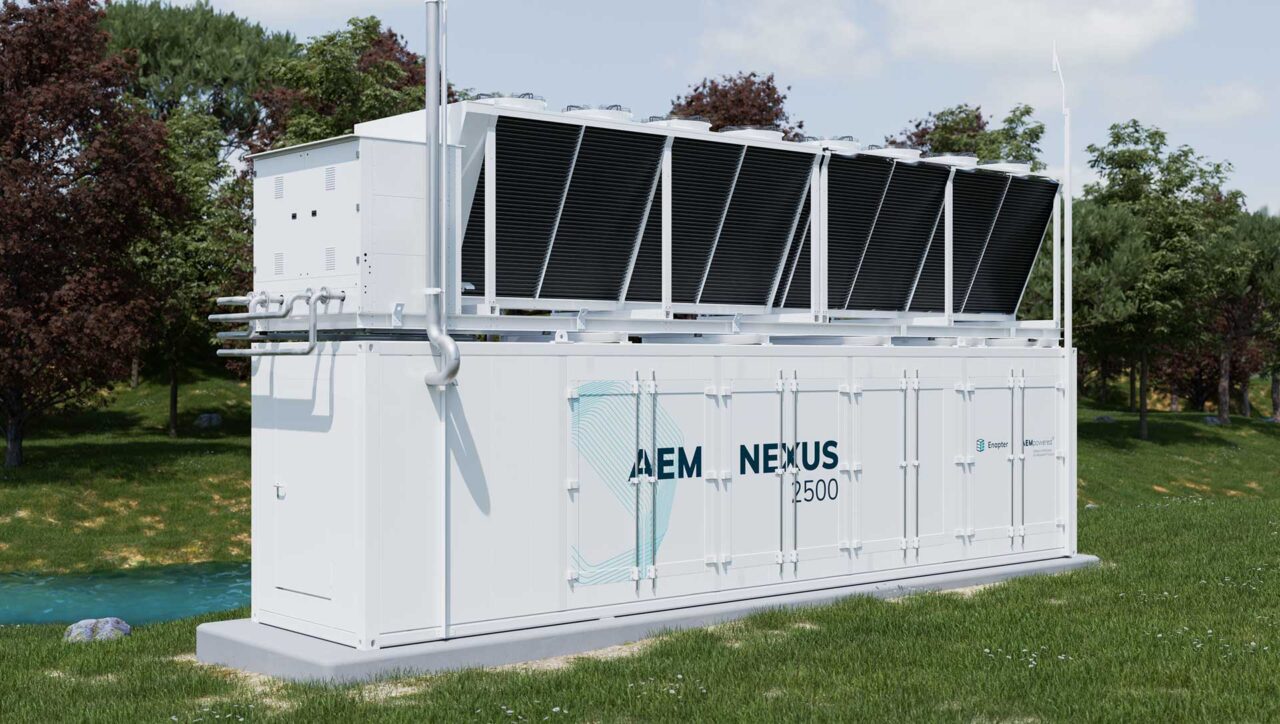 Enapter AEM Nexus 2500 electrolyzer container – outdoor installation view