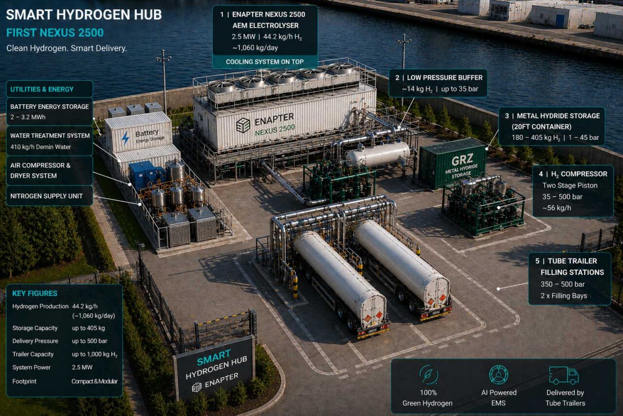 Concept layout of the planned Smart Hydrogen Hub with Enapter's AEM Nexus 2500, hydrogen storage, compression and battery energy storage.